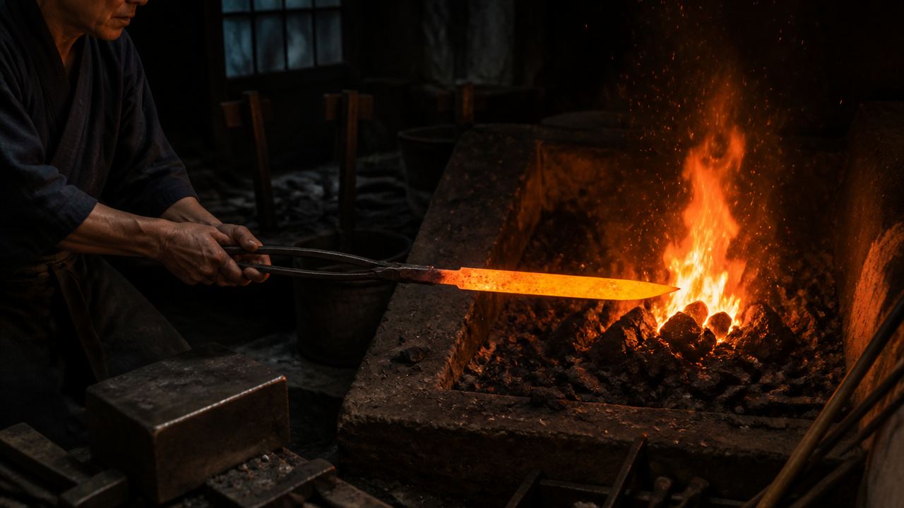 A Japanese bladesmith's hands holding long metal tongs gripping a glowing orange-hot steel knife blank over a traditional charcoal forge, dramatic firelight, dark workshop background, no text, no logos, no labels, wide enough to show the forge and the glowing steel clearly