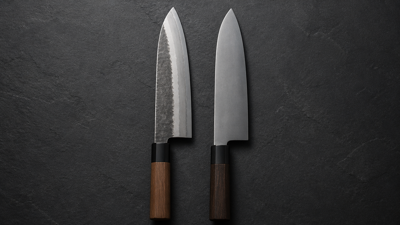 Two Japanese kitchen knives placed side by side on a dark slate surface, one showing a visible soft-iron and steel layered construction on the flat face, the other a uniform single-material finish, soft directional studio lighting from above, no text, no labels, no logos, clean minimalist composition