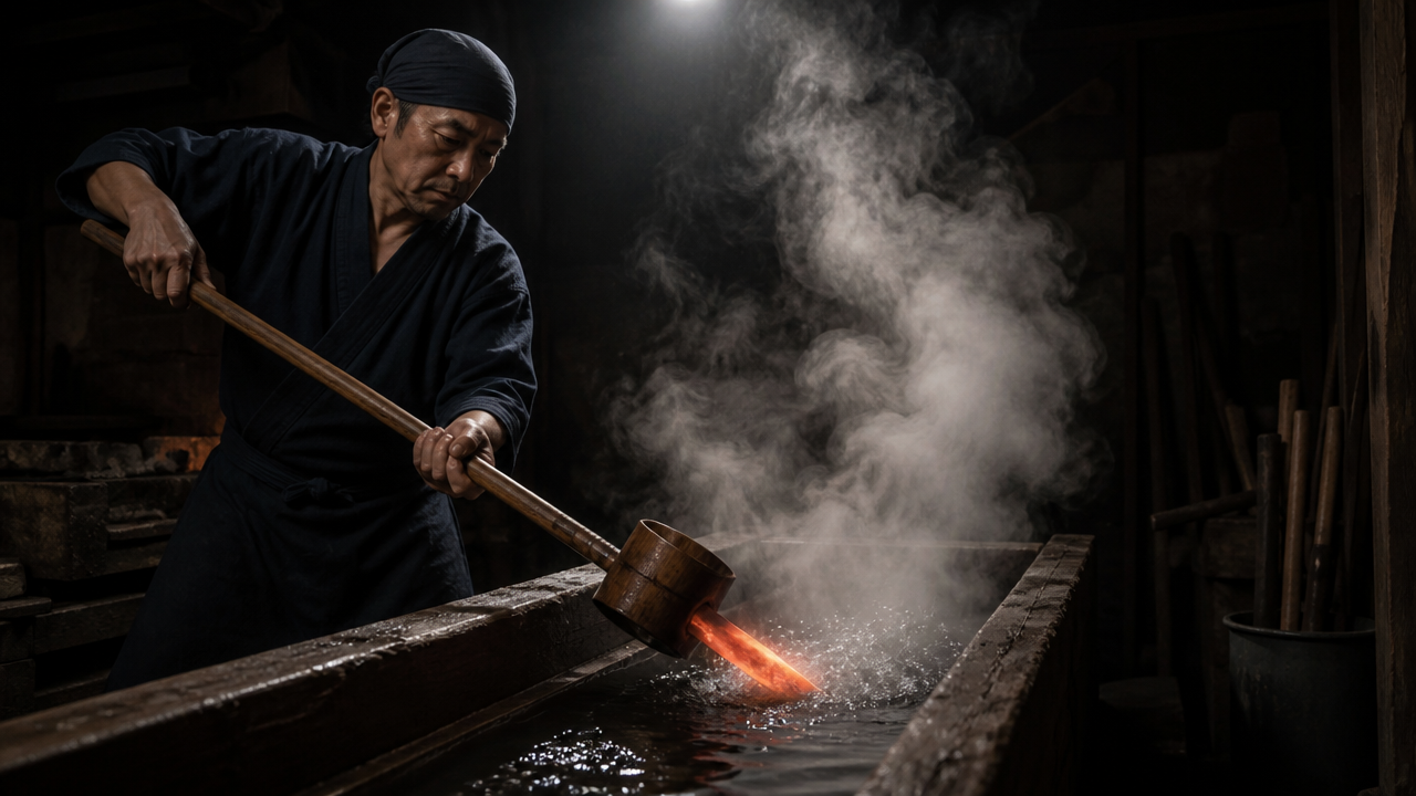 A Japanese bladesmith using a long-handled wooden ladle to quench a glowing knife blade in a narrow wooden water trough, steam rising dramatically, dark forge interior, single overhead light source, no text, no logos, no labels, focus on the quenching moment and rising steam