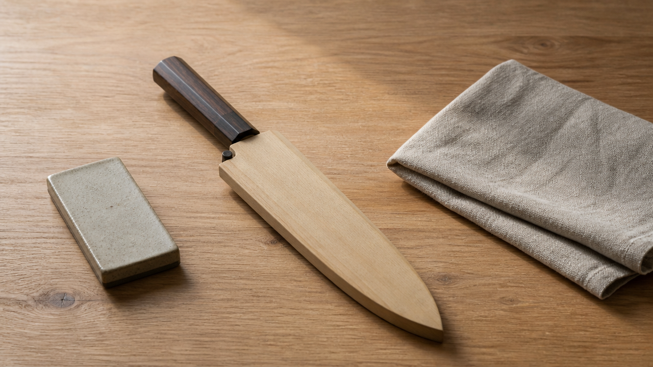 A single Japanese kitchen knife resting blade-down in a wooden saya sheath on a clean wooden surface, beside a small ceramic whetstone and a folded linen cloth, soft natural side lighting, no text, no labels, no logos, calm and minimal composition
