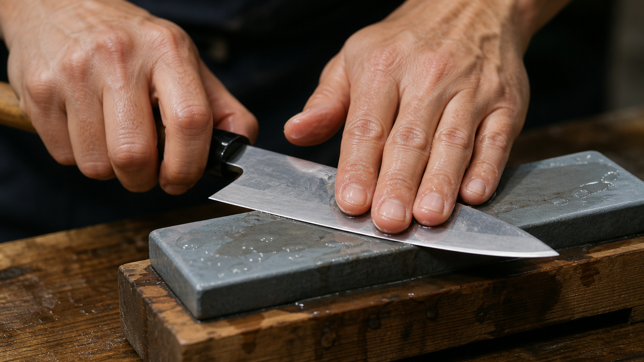 An experienced chef's hands carefully sharpening a single-bevel Japanese knife on a wet whetstone on a wooden surface, precise angle, water droplets visible on the stone, soft workshop lighting, no text, no logos, no labels, close-up on the hands and blade contact with the stone
