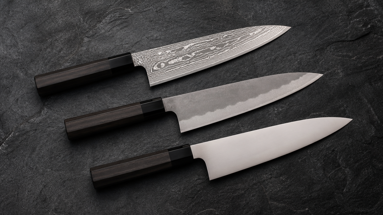 Three Japanese kitchen knives of different finishes laid on a dark textured stone surface — one with a visible layered Damascus pattern, one with a plain kasumi finish showing a soft boundary line, one with a clean uniform single-steel finish — soft studio lighting from above, no text, no labels, no logos, cleanly separated arrangement
