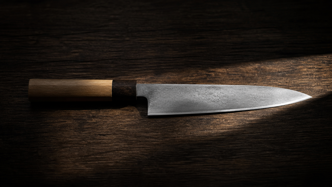 A finished Japanese kitchen knife with a clean single-steel blade resting horizontally on a dark wooden surface, a single beam of natural light crossing the blade to reveal its surface texture, minimal background, no text, no logos, no labels, calm and contemplative composition emphasizing the simplicity and precision of the object