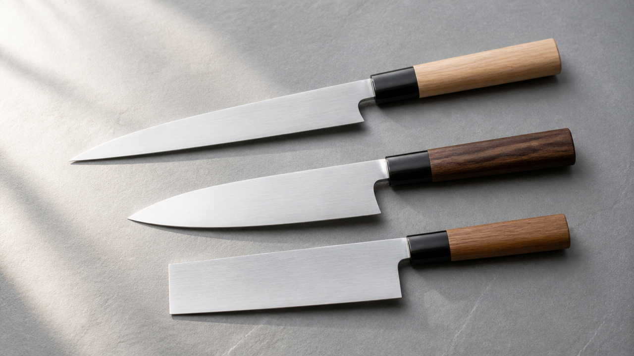 A clean flat-lay photograph on a light gray slate surface showing three Japanese kitchen knives of different shapes arranged diagonally, their blades catching soft natural light from the left. No text, no logos, no labels anywhere on the knives or surface. Simple and elegant composition.