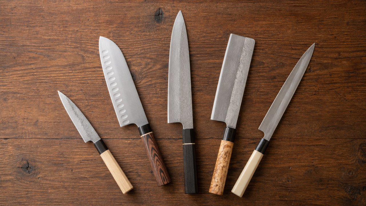 A top-down overhead shot of a wooden table with five different Japanese kitchen knives laid out in a neat fan arrangement, each knife showing a different blade profile and handle material. Soft diffused studio lighting. No text, no branding, no labels on any surface or blade.