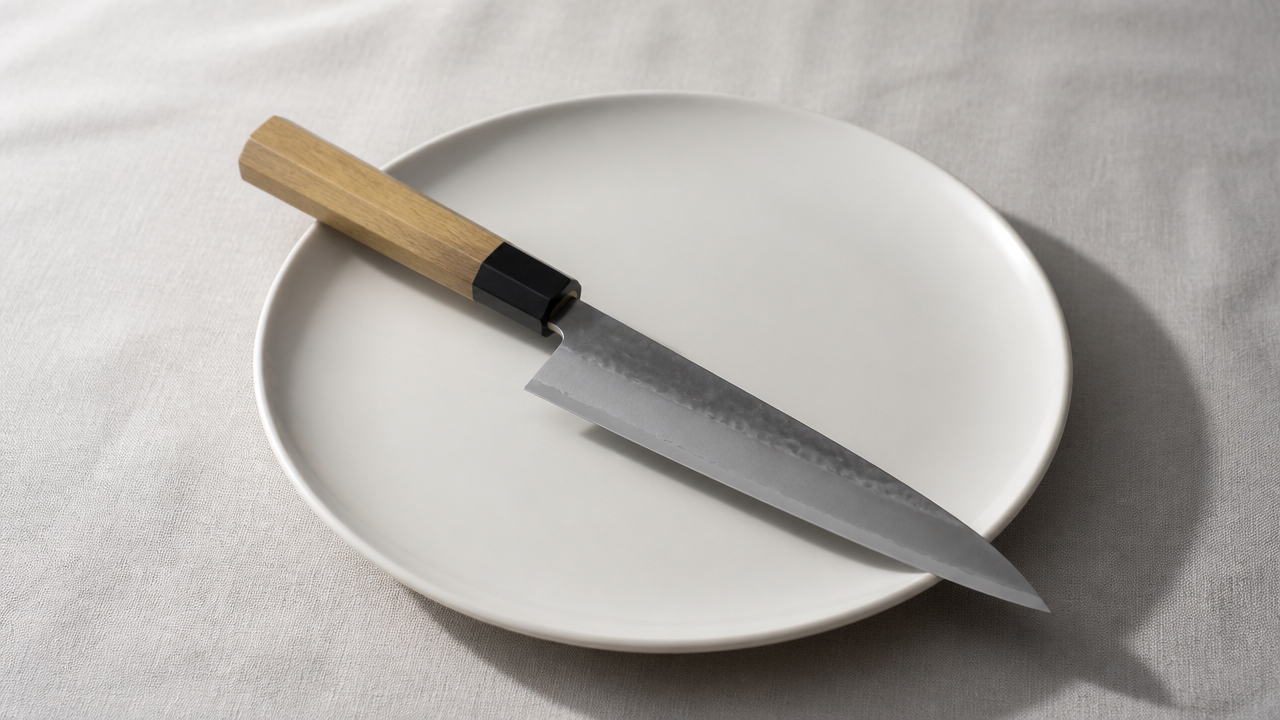 A minimalist photograph of a single Japanese kitchen knife with a wa handle resting diagonally on a plain white ceramic plate, soft natural window light casting a gentle shadow to the right. No text, no labels, no branding visible anywhere in the image.