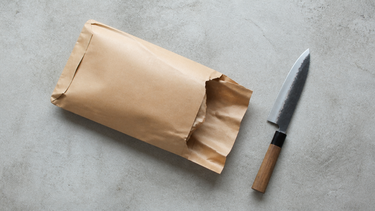 An overhead shot of a plain brown kraft paper package partially opened on a light gray concrete surface, with a single Japanese kitchen knife with a wooden handle resting beside it, soft natural light. No text, no shipping labels, no logos, no markings visible anywhere.