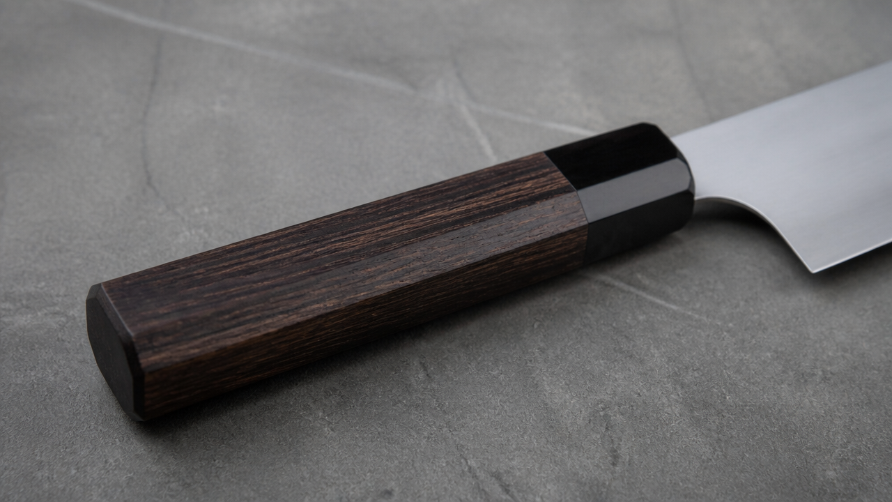 A close-up photograph of a Japanese knife handle made from dark wood resting on a smooth gray stone surface, the blade extending out of frame to the right, soft diffused studio lighting creating subtle texture detail on the wood grain. No text, no markings, no branding visible.