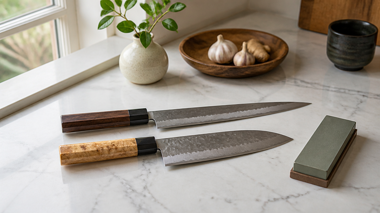 A styled kitchen countertop scene showing two Japanese knives with different handle materials laid parallel on a clean white marble surface, a small whetstone resting beside them, warm soft natural light from a nearby window. No text, no labels, no branding on any item.