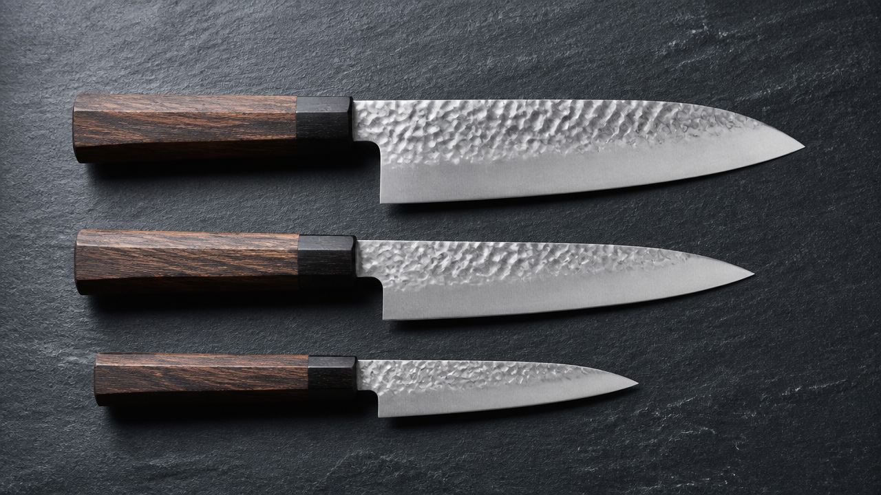 A close-up overhead shot of three Japanese kitchen knives arranged neatly in a row on a dark slate surface, each with a hammered stainless steel blade and a wooden handle, soft natural lighting from the side, no text or logos visible, clean minimalist composition