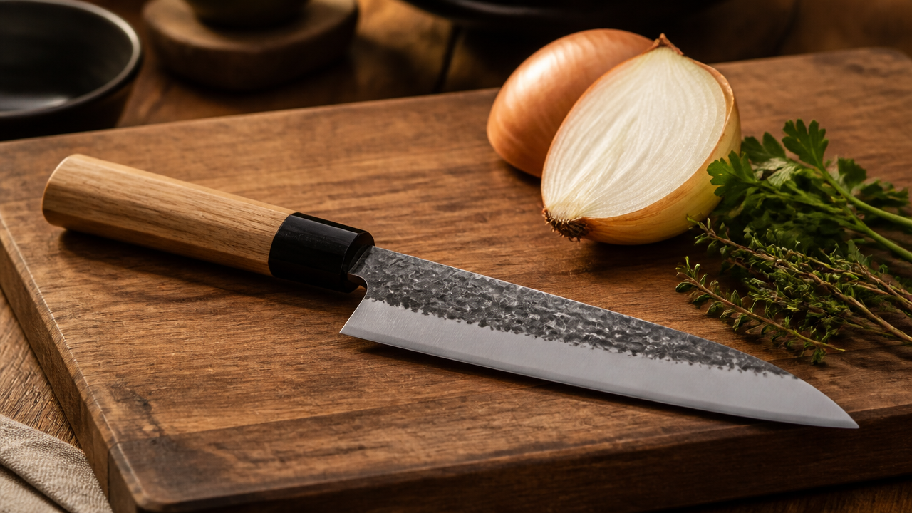 A Japanese chef's knife resting on a wooden cutting board next to a halved onion and a few fresh herbs, shot from a slight angle, warm kitchen lighting, rustic but clean background, no text or labels anywhere in the image