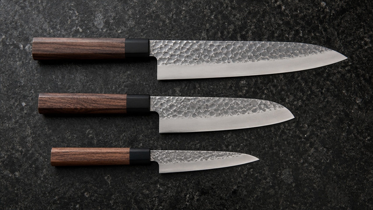 Three Japanese kitchen knives of different sizes laid out side by side on a dark granite countertop, blades pointing in the same direction, hammered texture visible on the steel, soft diffused lighting, no text or branding visible, top-down perspective