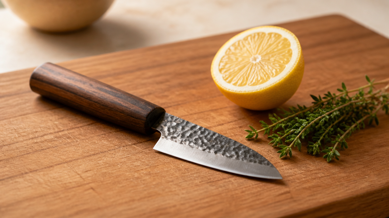 A single Japanese petty knife with a short hammered blade resting on a wooden cutting board beside a halved lemon and a small bunch of fresh thyme, close-up shot from a low angle, warm soft lighting, no text or logos, clean kitchen background