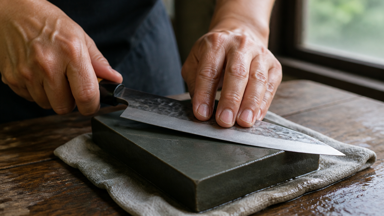 A Japanese chef's knife being sharpened on a flat whetstone placed on a damp cloth on a wooden table, hands visible holding the blade at a low angle, close-up shot, natural daylight from a nearby window, no text or branding on any surface