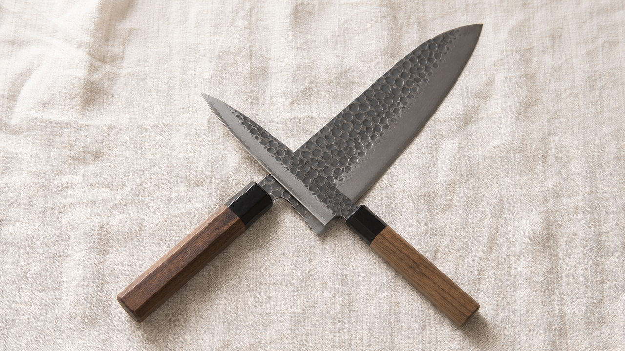 Two Japanese kitchen knives of different sizes arranged in an X shape on a light linen cloth, one larger gyuto-style and one smaller petty-style, both with hammered blades and wooden handles, soft overhead natural lighting, no text or logos anywhere, clean and minimal composition