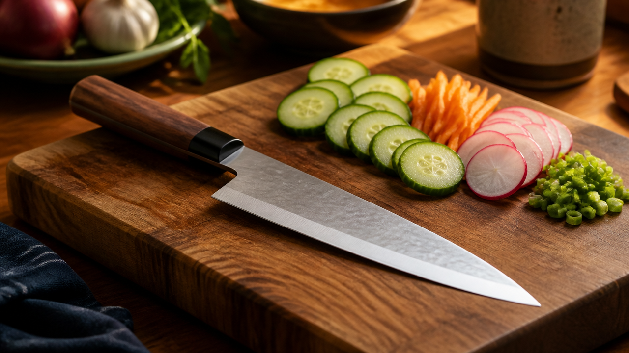 A Japanese gyuto chef's knife resting diagonally across a wooden cutting board with a few sliced vegetables arranged neatly beside it, warm ambient kitchen lighting, shallow depth of field, no text or branding visible anywhere, inviting and appetizing composition