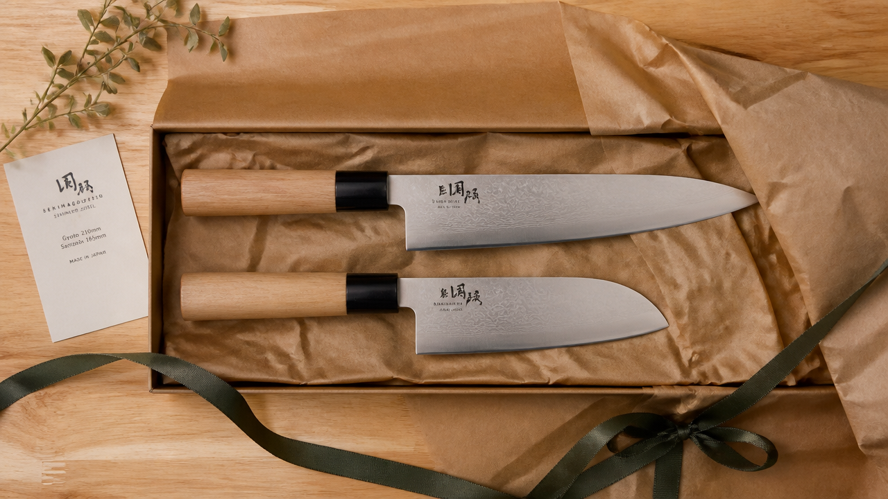 A neatly arranged Japanese knife gift set on a light wooden surface, including a Gyuto and a Santoku with Wa handles, wrapped loosely in kraft paper with a simple ribbon, warm natural lighting, overhead flat lay, photorealistic style