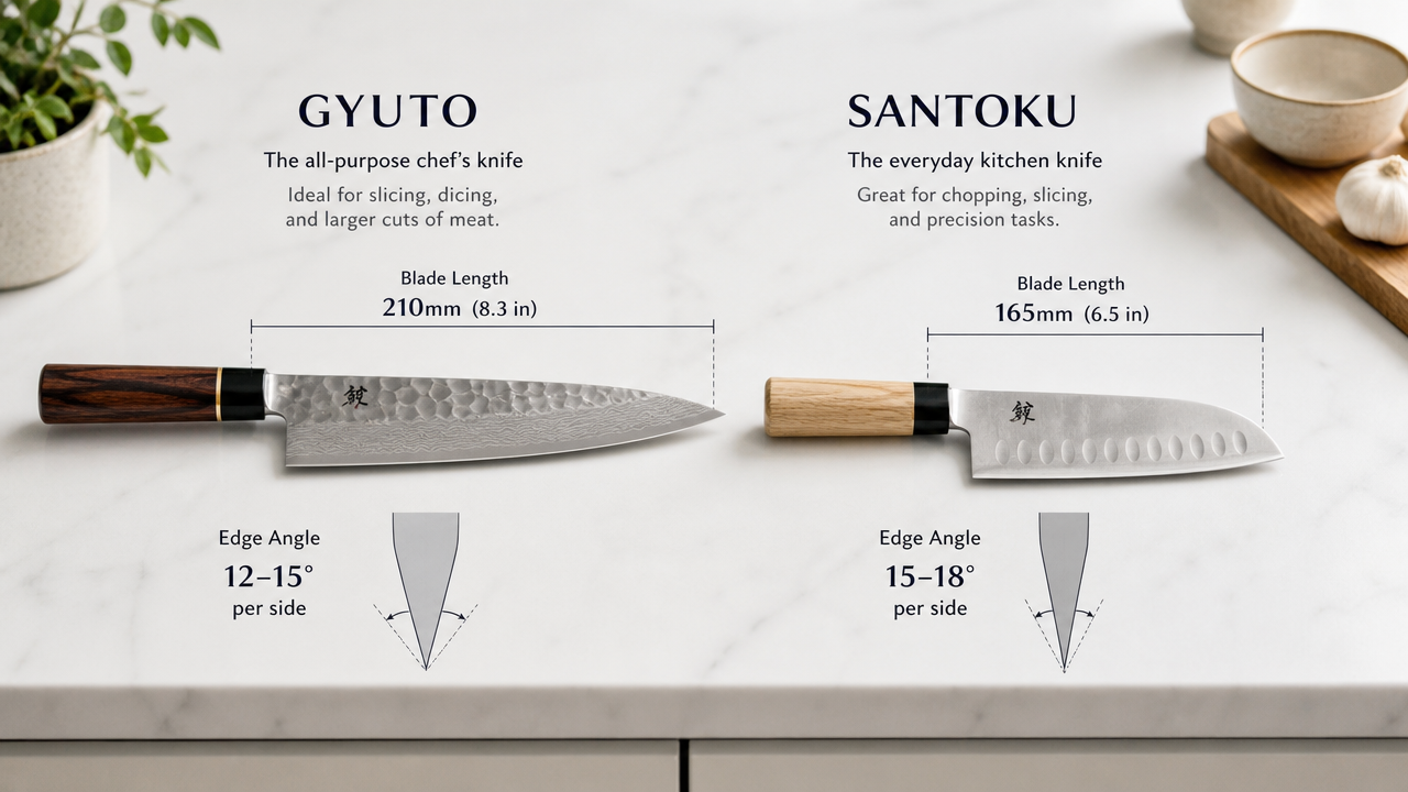 Side-by-side illustration of a Gyuto knife and a Santoku knife on a clean white kitchen counter, labeled with simple text annotations showing blade length and edge angle differences, soft studio lighting, editorial infographic style
