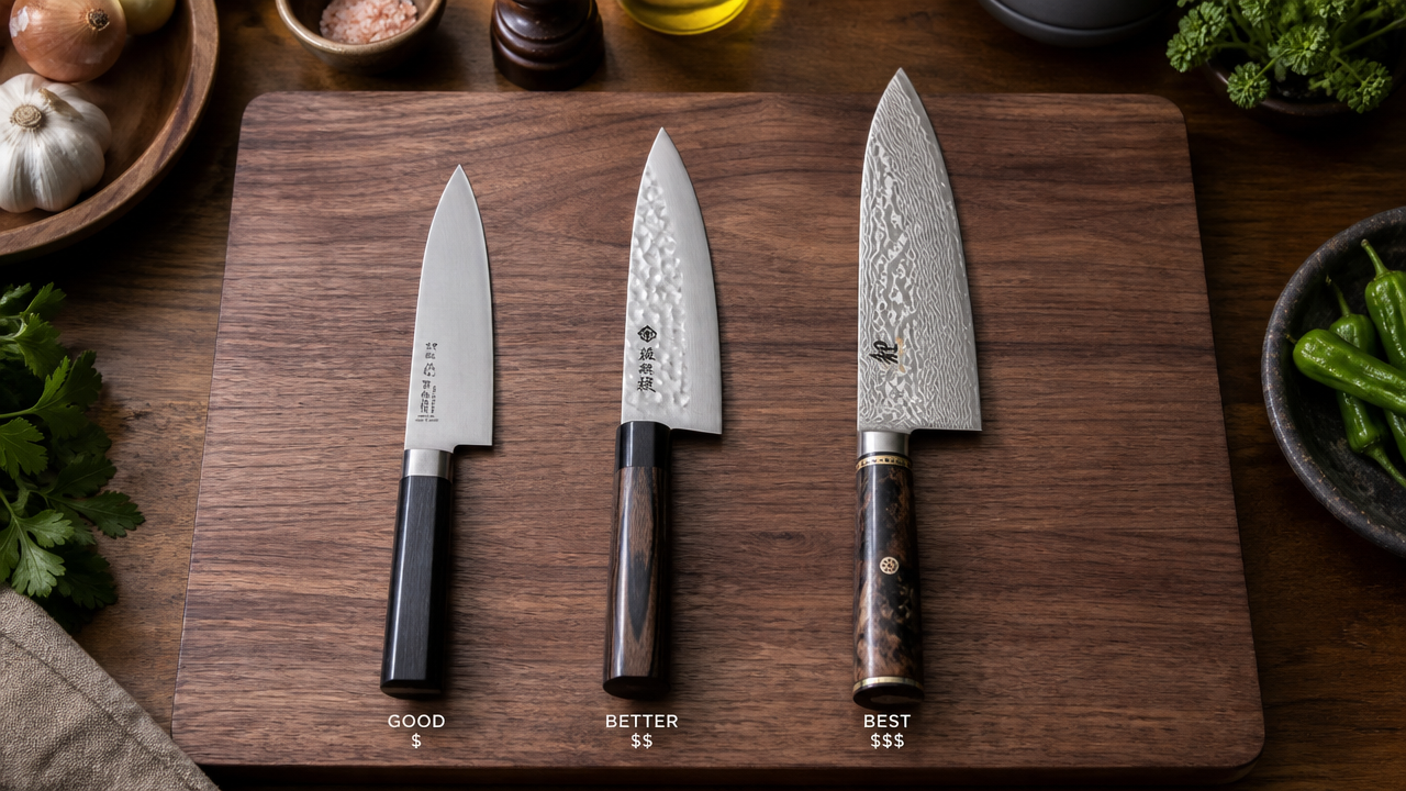Three Japanese kitchen knives arranged in ascending order on a wooden cutting board representing different price tiers, from a simple stainless steel blade to an ornate Damascus pattern knife, warm kitchen background, photorealistic flat lay