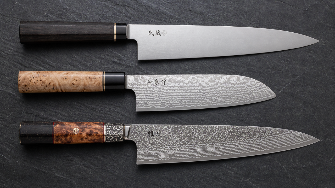Flat lay of three Japanese kitchen knives arranged in a row on a slate surface: a plain stainless steel Gyuto, a Damascus-patterned Santoku, and an ornate layered Damascus Gyuto, each with distinct handle materials, clean product photography style