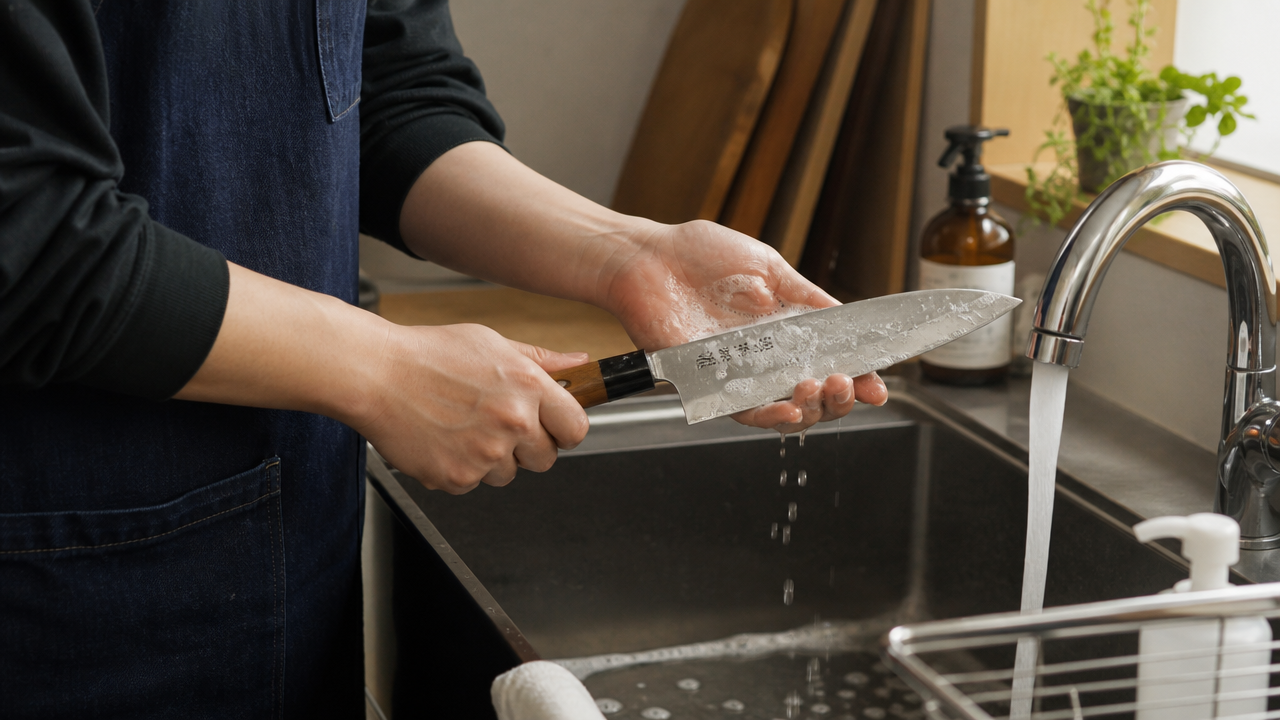 A beginner home cook carefully washing a Japanese Gyuto knife by hand over a kitchen sink, gentle natural light, warm tones, photorealistic style emphasizing proper knife care