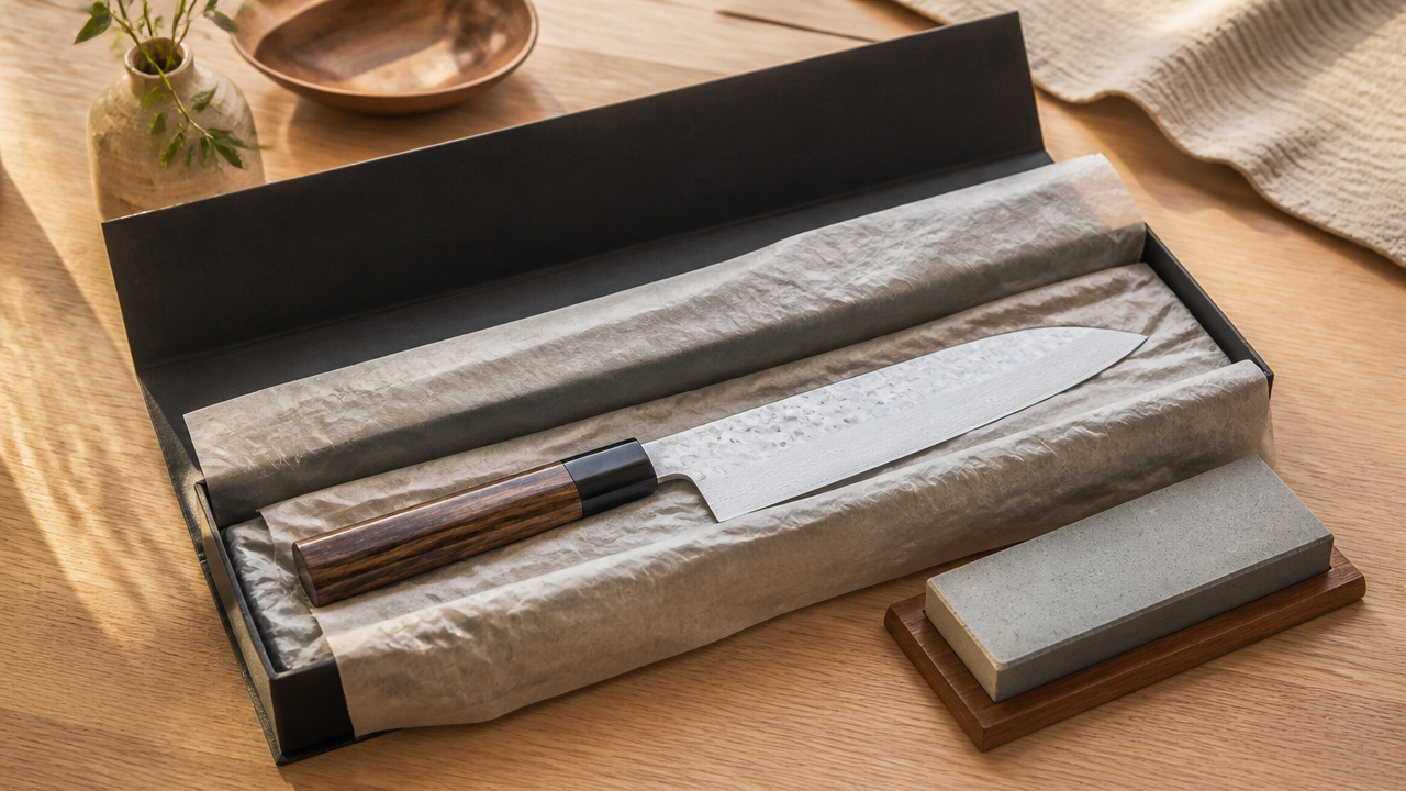 Japanese kitchen knife presented in an open premium gift box with tissue paper, a small whetstone included beside it, on a light wooden table, warm lifestyle photography style, no text or branding visible