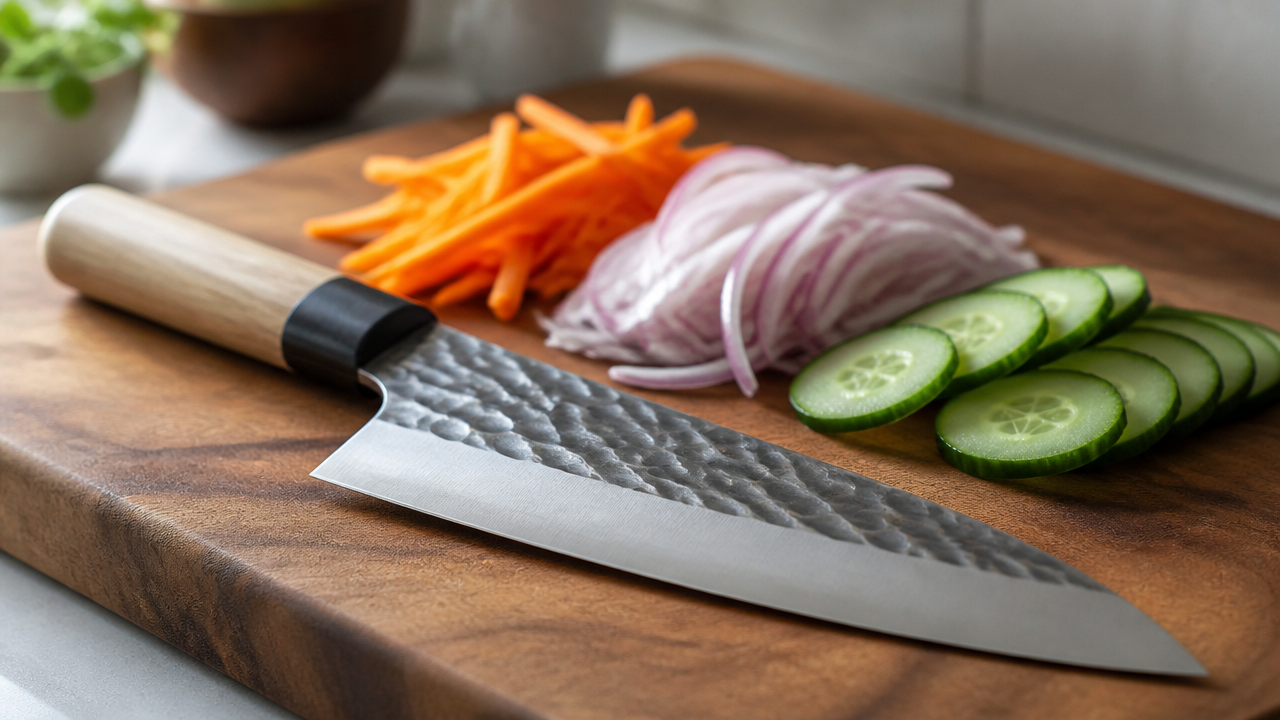 Close-up of a Japanese chef's knife resting on a wooden cutting board next to neatly sliced vegetables, soft natural light from the left, no text or branding, clean kitchen background