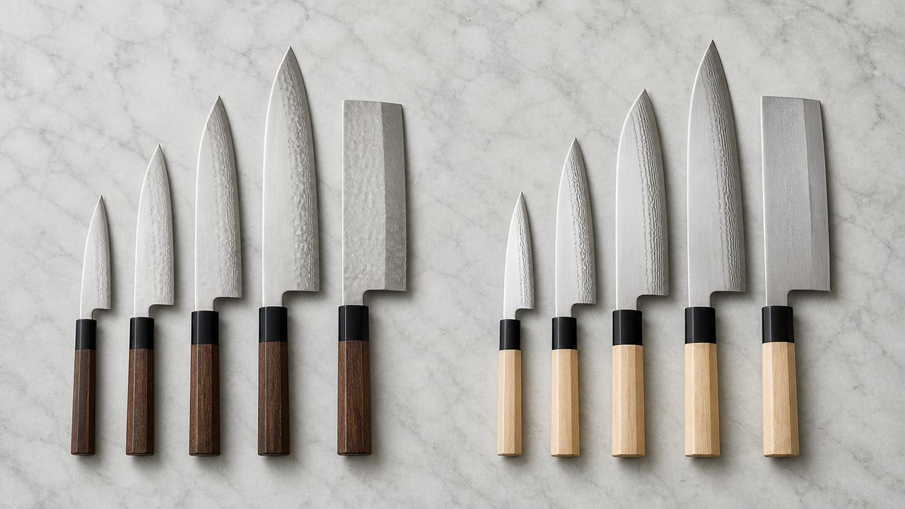 Two groups of Japanese kitchen knives arranged side by side on a light grey marble surface, overhead shot, soft even lighting, no labels or text, clean and minimal styling