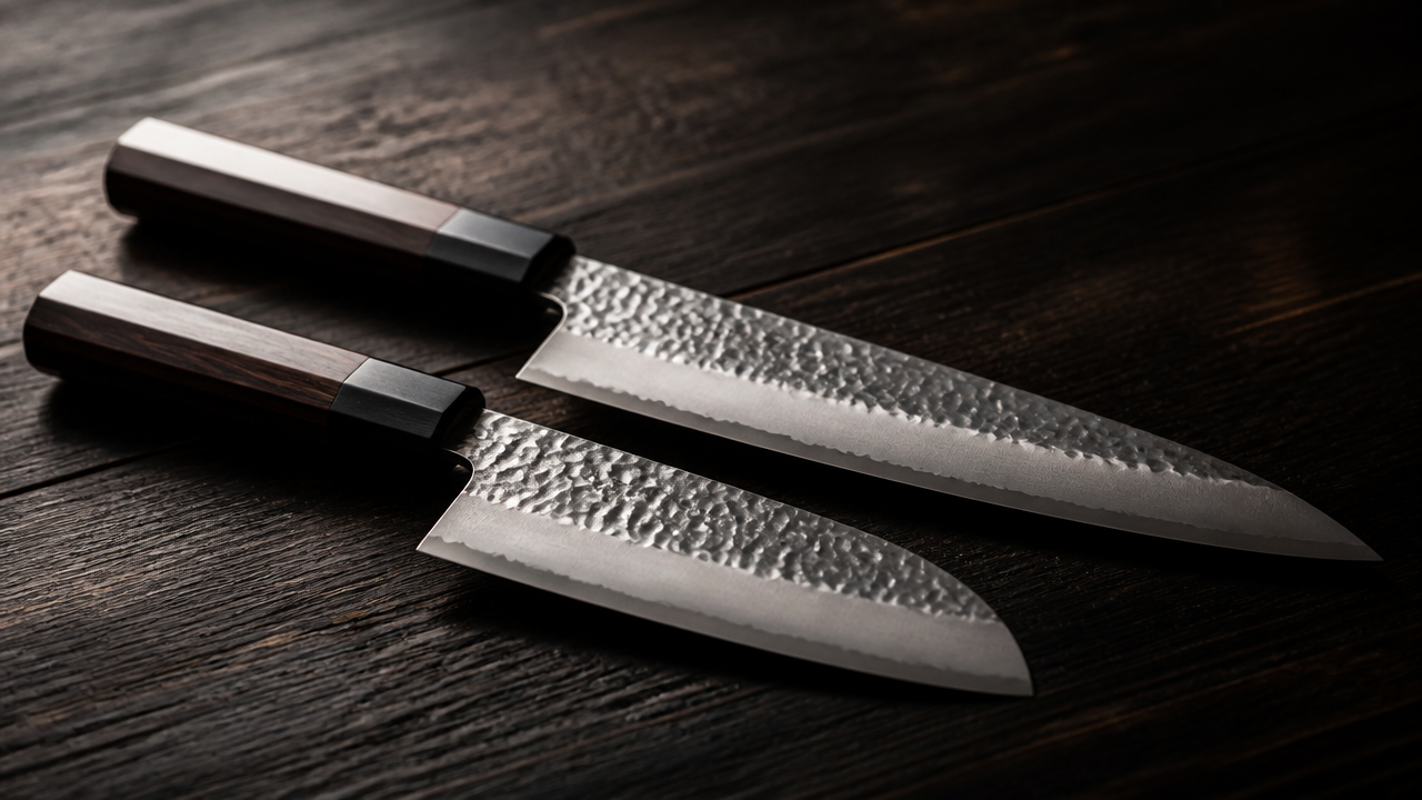A Japanese gyuto knife and santoku knife placed parallel on a dark wooden surface, dramatic side lighting highlighting the hammered blade texture, no text or branding, shallow depth of field