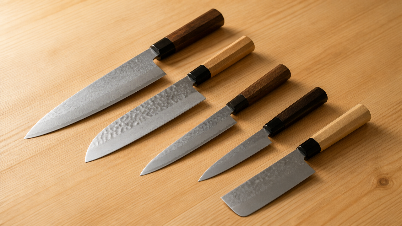 A neatly arranged set of Japanese kitchen knives on a light wooden surface, viewed from a 45-degree angle, warm natural light, simple and uncluttered background, no text or logos