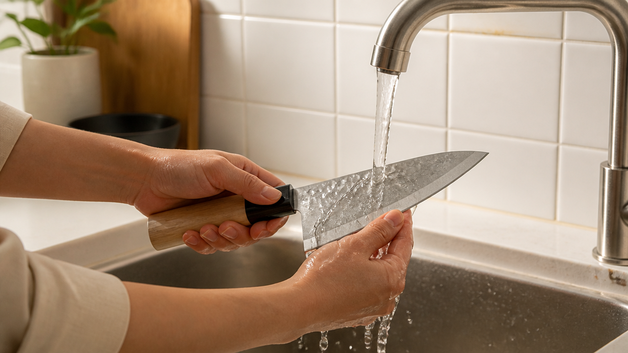 A single Japanese kitchen knife being hand-washed under gentle running water at a kitchen sink, warm ambient light, clean white tiles in the background, no text or branding