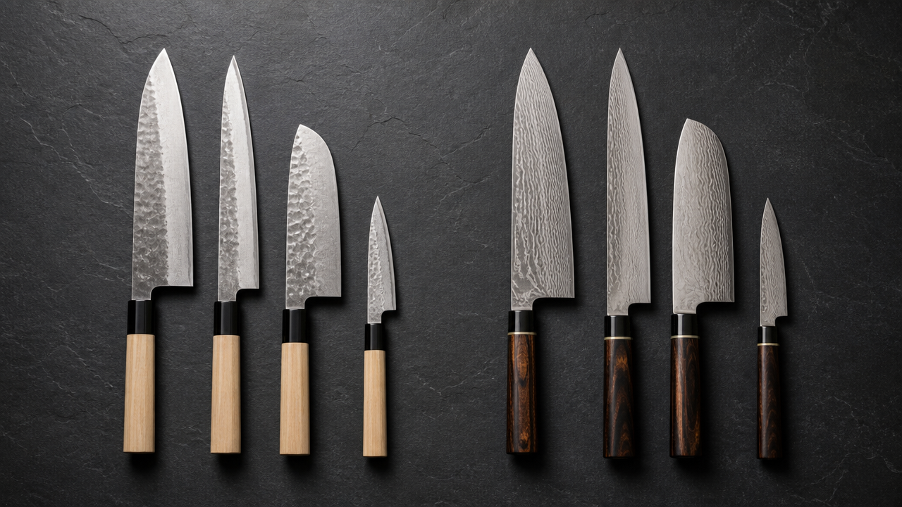 Two Japanese knife sets displayed side by side on a dark slate countertop, each group arranged in a clean row, overhead lighting with subtle shadows, no text or branding, minimal and elegant composition