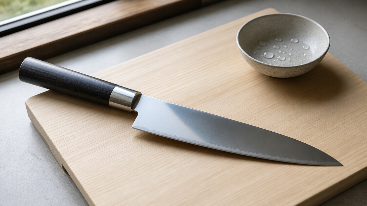 A single Japanese gyuto knife with a polished stainless steel blade resting on a light-colored wooden cutting board, a small bowl of water droplets nearby to suggest water resistance, soft natural window lighting, photorealistic, no text.