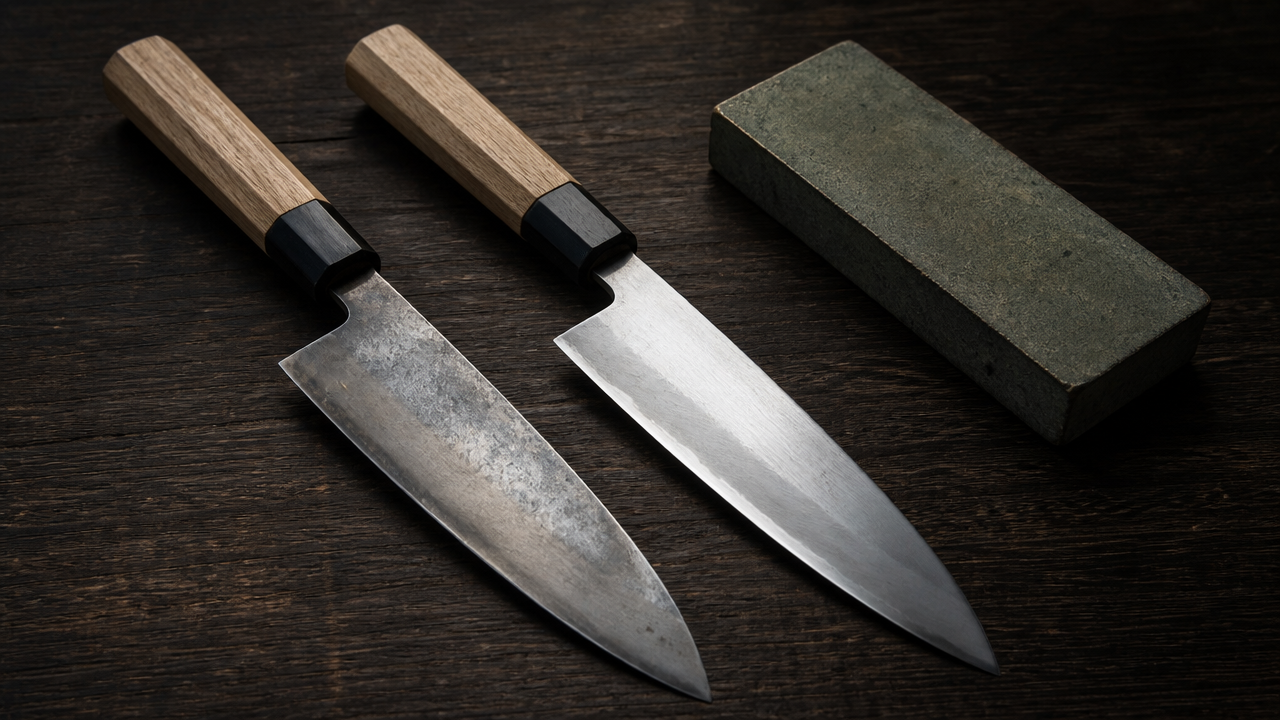 Two Japanese kitchen knives with carbon steel blades side by side on a dark wooden surface, one showing a light natural patina and one appearing newer and brighter, a small whetstone placed nearby, moody natural lighting, photorealistic, no text or labels.