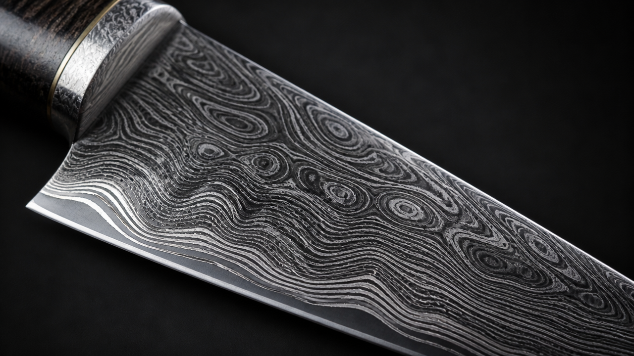 A dramatic close-up macro photograph of a Damascus-pattern Japanese knife blade, showing the layered wavy steel pattern in high detail, dark background, studio lighting that highlights the contrast between dark and bright steel layers, no text, photorealistic.