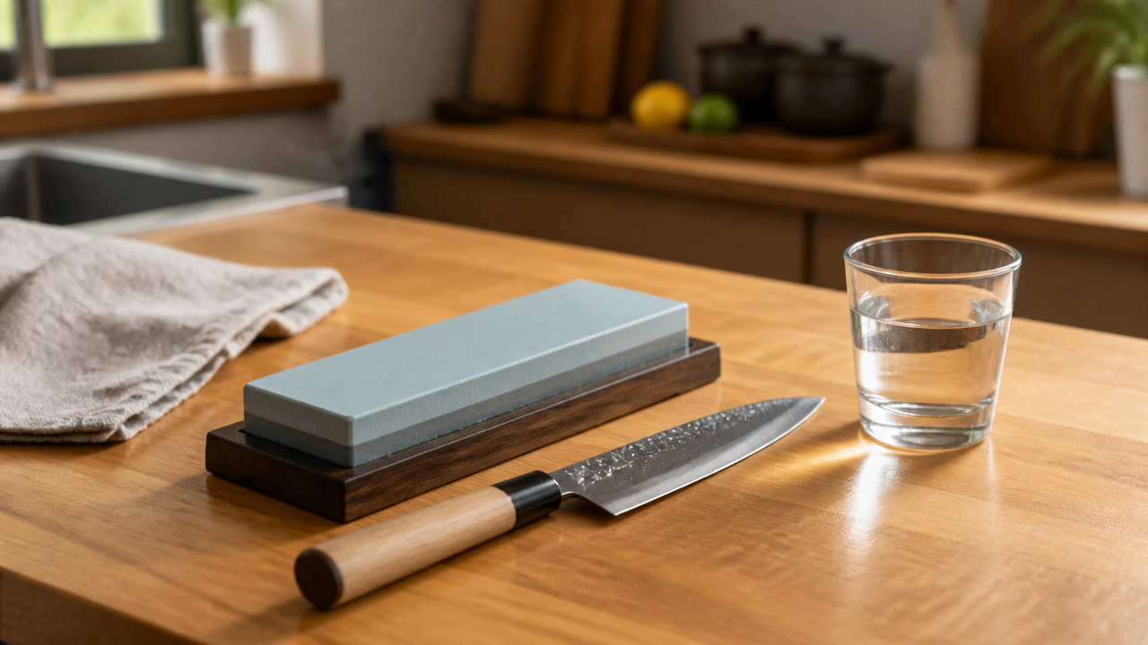 A beginner-friendly kitchen scene showing a Japanese knife resting next to a whetstone on a clean wooden countertop, a glass of water nearby, warm natural kitchen lighting, approachable and calm atmosphere, photorealistic, no text.