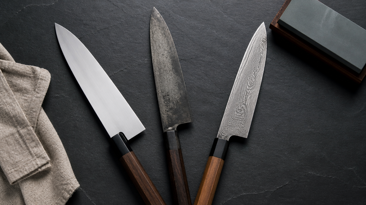 A serene flat-lay of three Japanese knives arranged in a fan pattern on a dark slate surface, representing different steel types and finishes — polished stainless, matte carbon with patina, and Damascus pattern — with a small whetstone and a folded linen cloth nearby, soft even studio lighting, photorealistic, no text.