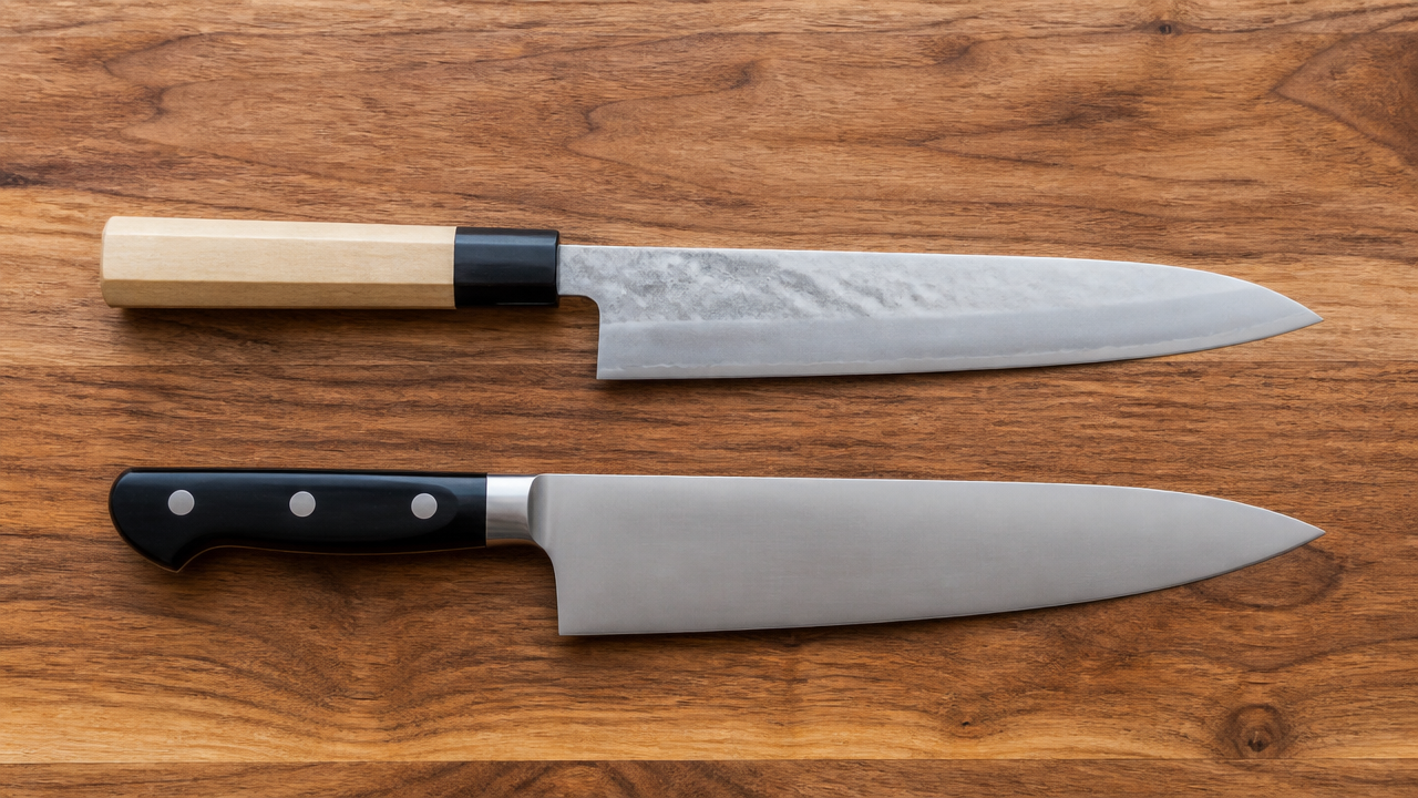 A clean, top-down flat lay photograph style illustration showing two kitchen knives side by side on a wooden cutting board — one with a traditional Japanese Wa handle and one with a Western bolster-style handle — soft natural lighting, minimalist composition, no text