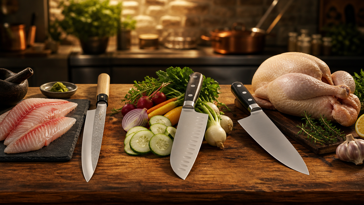 An illustrative scene of a chef's kitchen counter with three different knives arranged next to the ingredients they suit best — fish fillet beside a long Japanese knife, vegetables beside a Santoku, a whole chicken beside a Western chef's knife — warm kitchen lighting, artistic food photography style, no text overlays