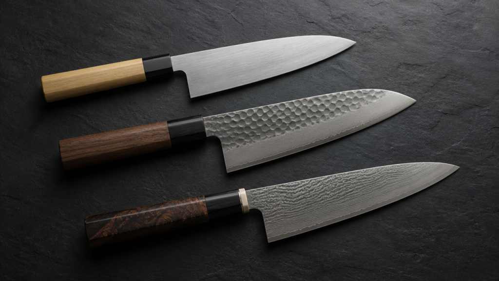 A flat-lay illustration of three Japanese knives arranged at different angles on a dark slate surface, representing entry-level, mid-range, and premium tiers, dramatic side lighting, no price tags or text, clean product photography style