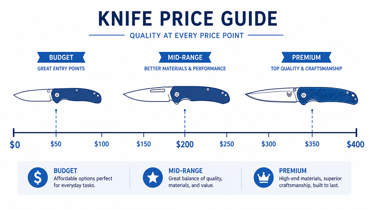 A simple infographic-style illustration showing a horizontal price scale from $0 to $400, with illustrated knife silhouettes placed at different price points representing budget, mid-range, and premium tiers, clean flat design, blue and white color palette, no photographs