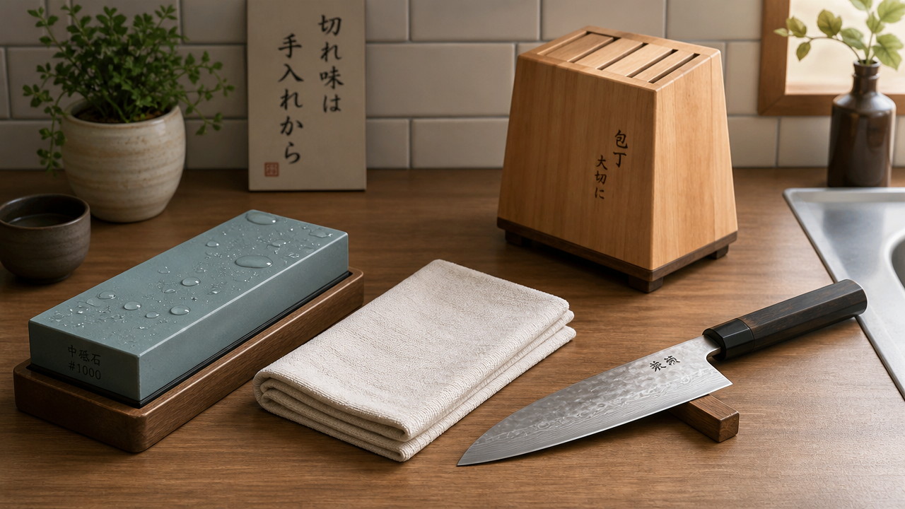 An illustration of proper Japanese knife care tools arranged neatly on a kitchen countertop — a whetstone with water droplets, a wooden knife block, a dry cloth, and a Japanese kitchen knife resting safely beside them — clean and calm domestic atmosphere, soft diffused lighting