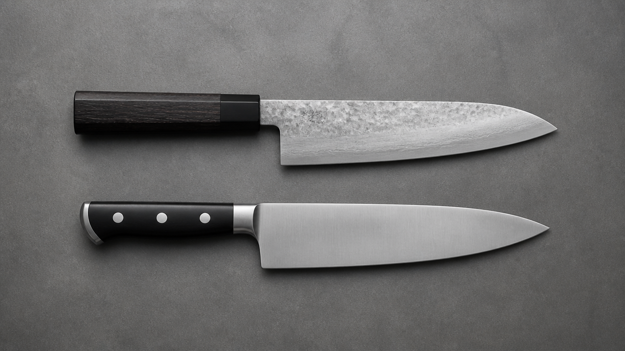A stylized flat-lay illustration of two knives placed parallel on a neutral gray surface — one Japanese Gyuto with a dark octagonal handle and one Western chef's knife with a riveted handle — viewed from directly above, editorial product photography aesthetic, no text