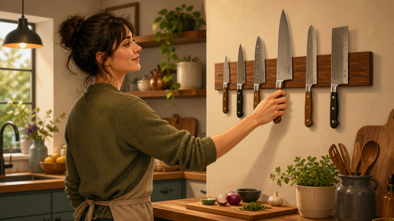 An inviting illustration of a home kitchen scene with a person confidently selecting a knife from a wooden magnetic knife strip mounted on a wall, warm ambient kitchen lighting, multiple knife silhouettes visible, cozy and approachable atmosphere, no text