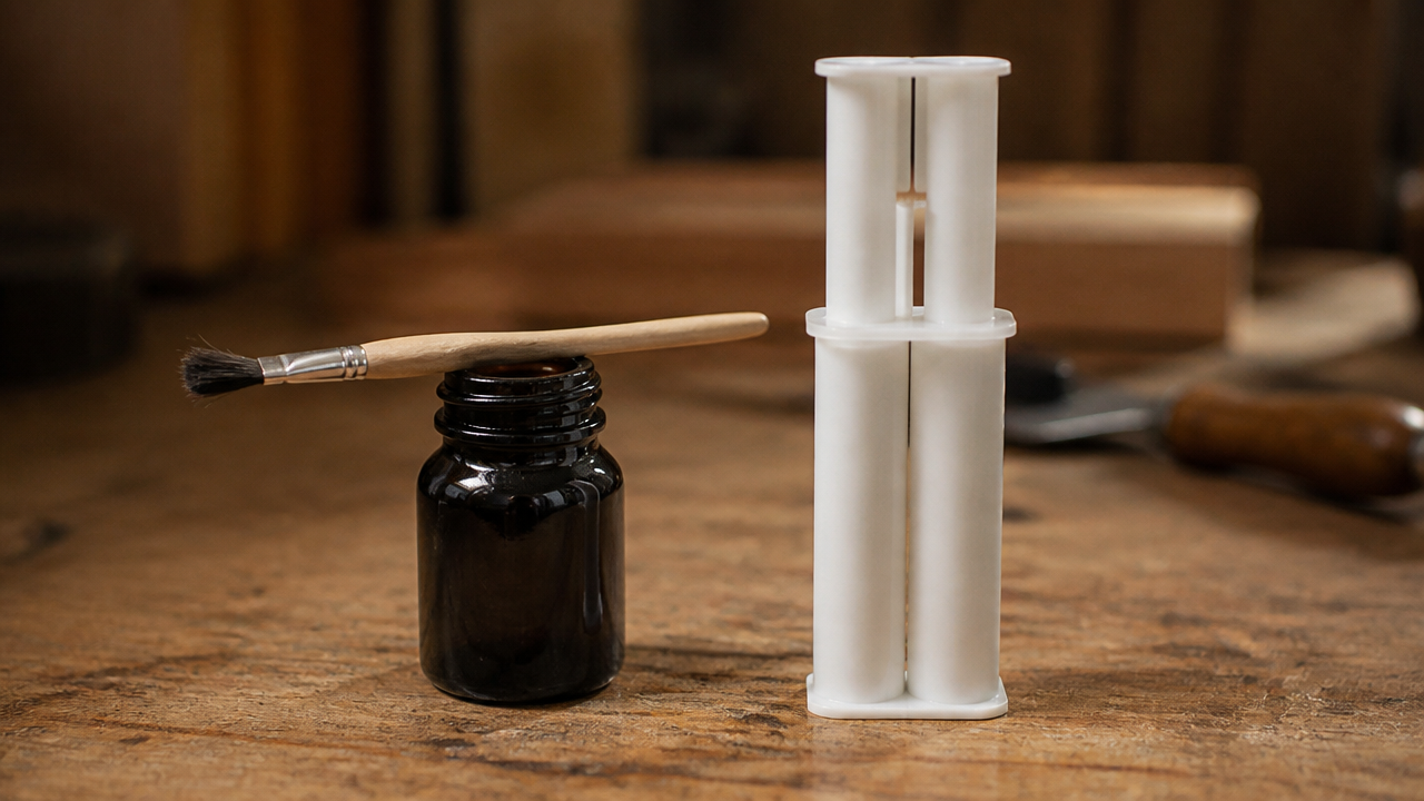 A close-up photograph of two small containers side by side on a wooden workbench: one dark glass bottle labeled 'urushi' with a brush resting across it, and one double-syringe epoxy package, soft warm workshop lighting, realistic product detail, no text overlays