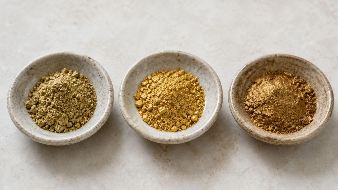 A macro photograph of three small ceramic dishes arranged in a row on a pale stone surface, each containing a different metallic powder: one warm yellow brass, one rich gold alloy, one deep burnished gold, soft diffused natural light from above, no labels or text