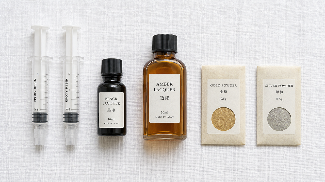 A flat lay of six kintsugi materials on a white linen cloth: two syringes of clear epoxy, a small dark bottle of black lacquer, a larger bottle of amber lacquer, and two small paper packets of metallic powder, all evenly spaced, top-down view, clean product photography lighting