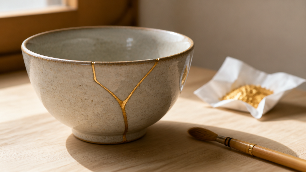 A close-up photograph on a light wooden surface of a repaired ceramic bowl with a visible gold kintsugi seam, a fine bamboo brush resting beside it, and a tiny open paper packet of gold powder in the background, warm afternoon window light, shallow depth of field, no text