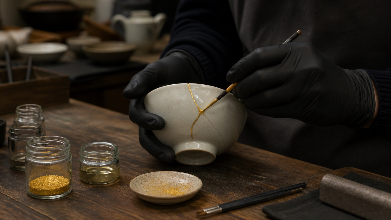 A person's gloved hands carefully applying gold powder with a fine brush to a crack in a white ceramic bowl on a wooden workbench, small jars and tools arranged neatly nearby, soft warm workshop lighting, realistic and detailed, no text or labels visible