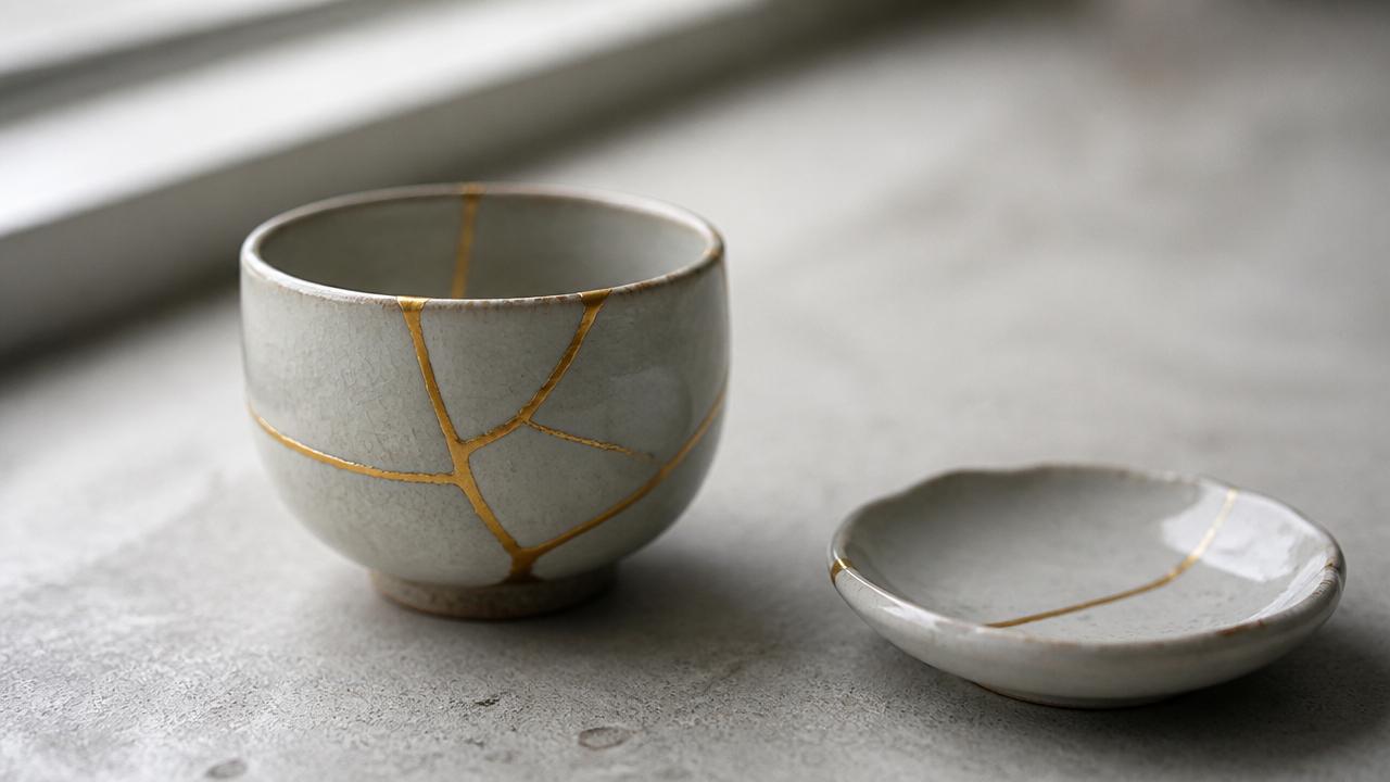 A finished ceramic teacup with elegant gold kintsugi seam lines displayed on a light grey stone surface beside a small ceramic dish, soft diffused daylight from a nearby window, minimal composition, beautiful craft photography style, no text